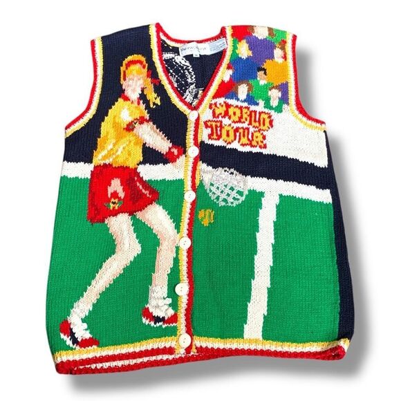 Vintage 90s The Eagle’s Eye Tennis World Tour Knit Printed Sweater Vest Vneck - Picture 9 of 9
